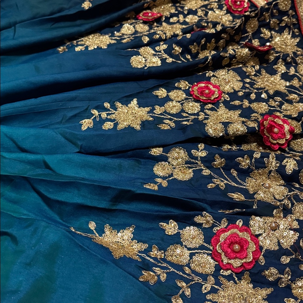 Wedding Guest Saree in Blue Pink Gold Floral - Picture 10 of 11